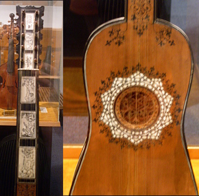 [Two photos spliced together. The left photo is the neck of the guitar. It has six sections of ivory or peal on which scenes have been etched or drawn. The image on the right is the body of the guitar. There is white design around the hole and around that is a black detailing. There is also black detailing on the upper part of the body. There is intricate detailing on the wood in the hole. ]